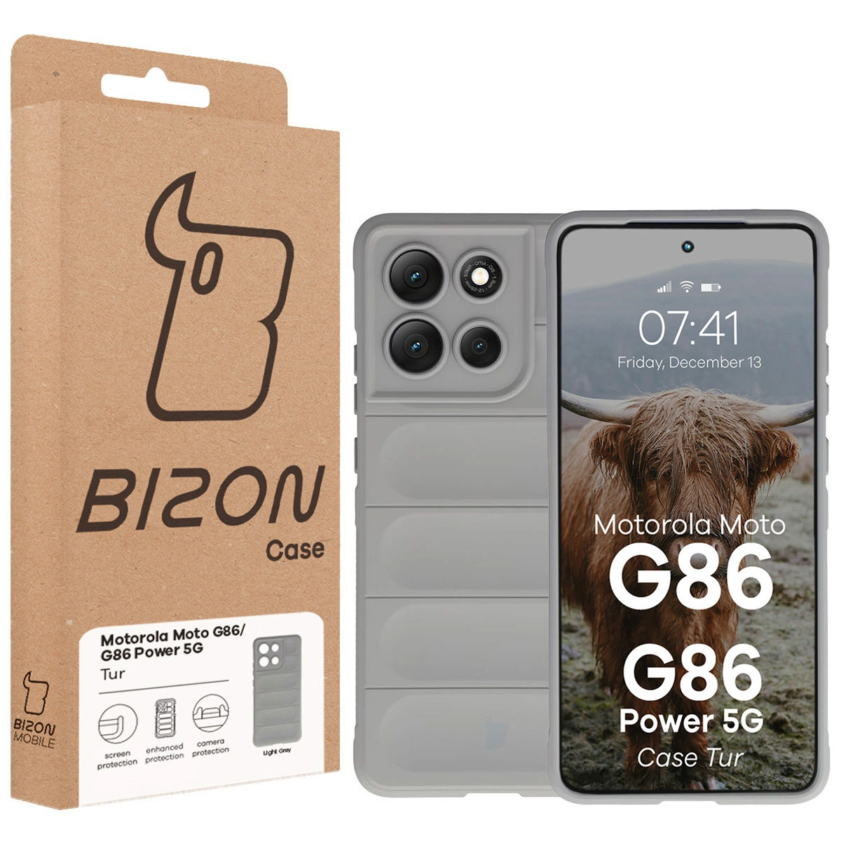 Przód pudełka Bizon Case z dedykowaną etykietą do Motorola Moto G86 5G / G86 Power 5G